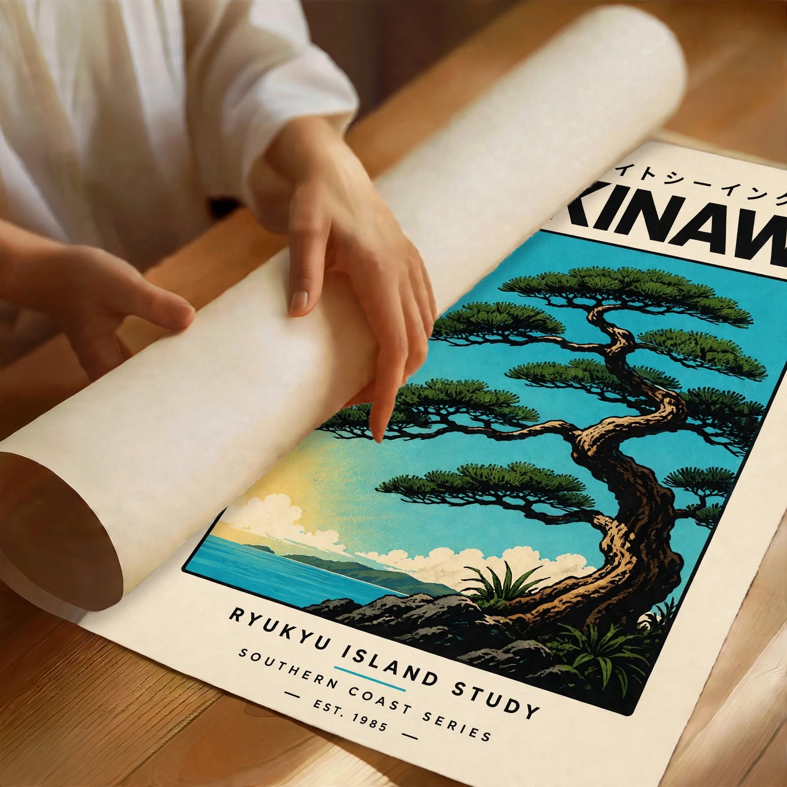 Okinawa Japanese Art Print presented as a rolled poster featuring Japanese island scenery