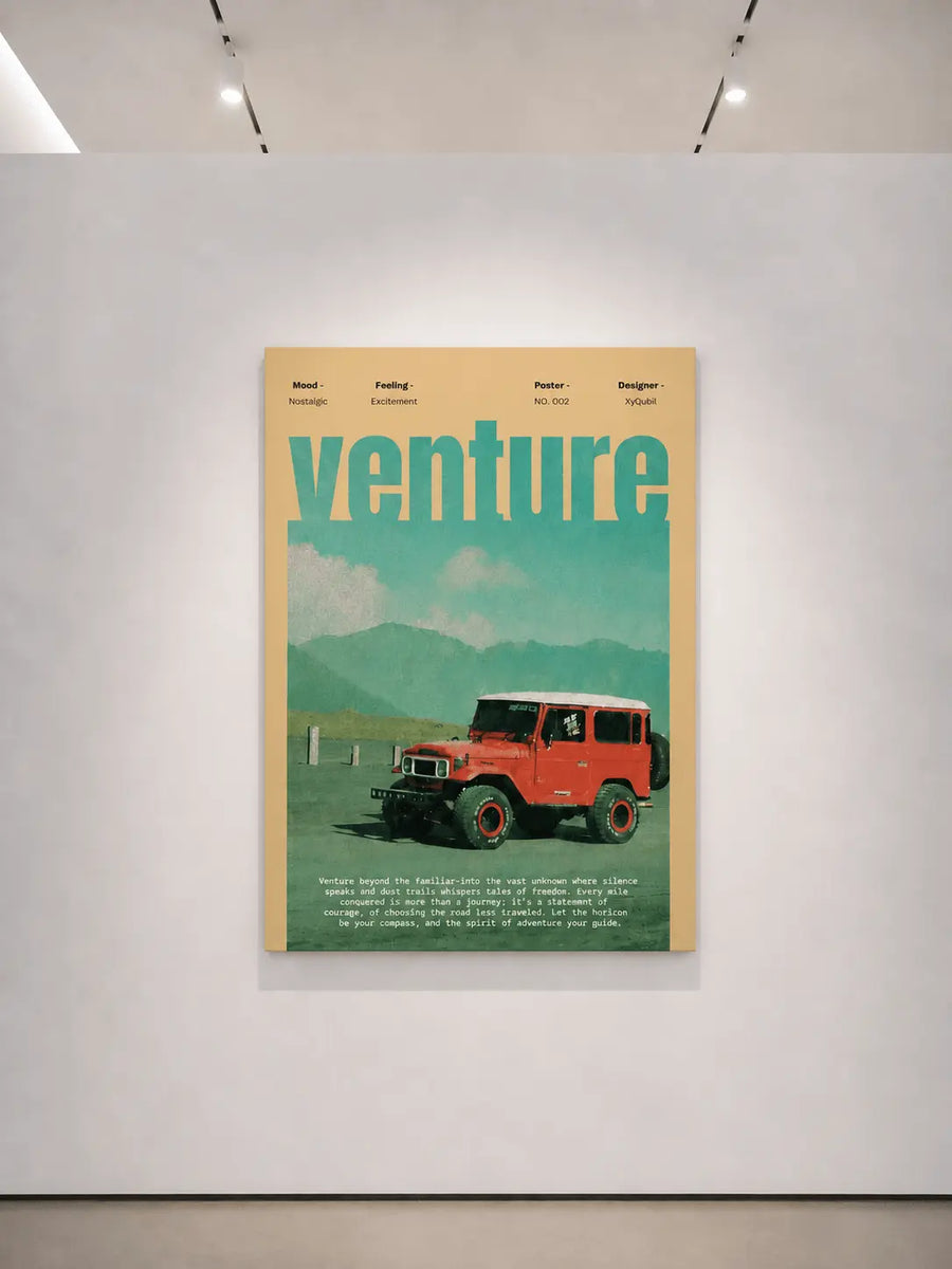 alt
Póster de viaje por carretera con furgoneta todoterreno roja, montañas verde azulado y texto grande "aventura"