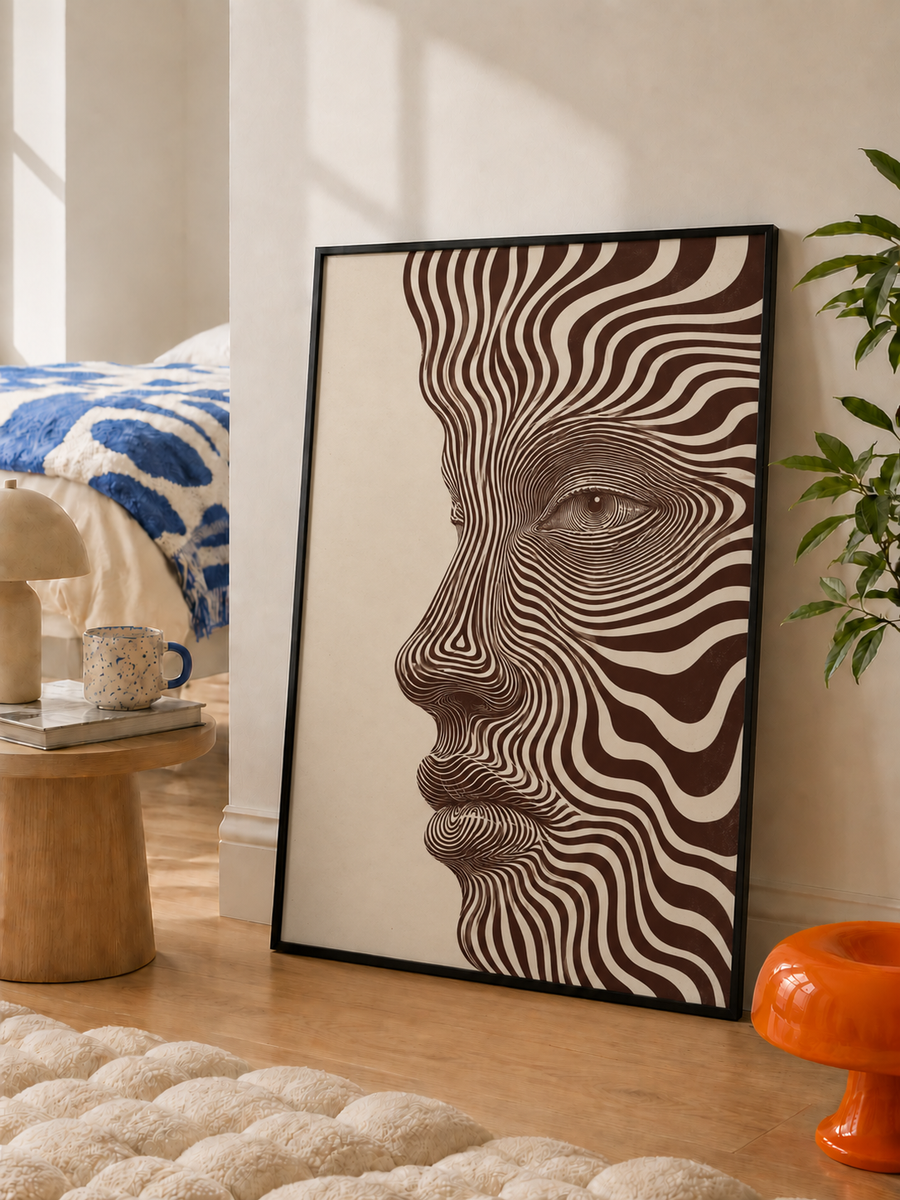 Optical line face abstract wall art displayed in a minimalist living room