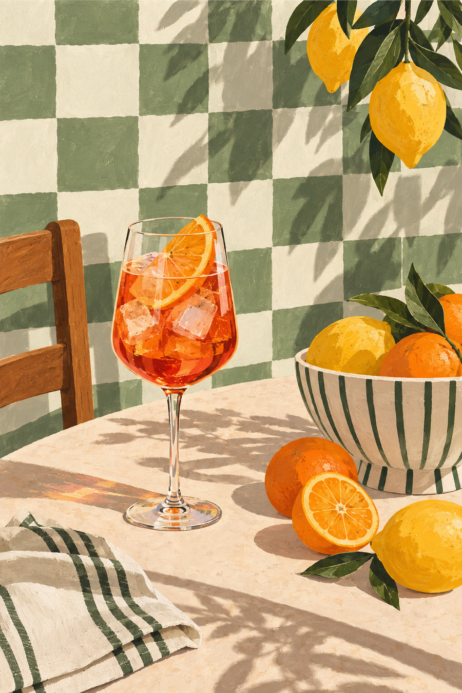 Orange aperitivo still life kitchen wall art with citrus fruit and green checkered table