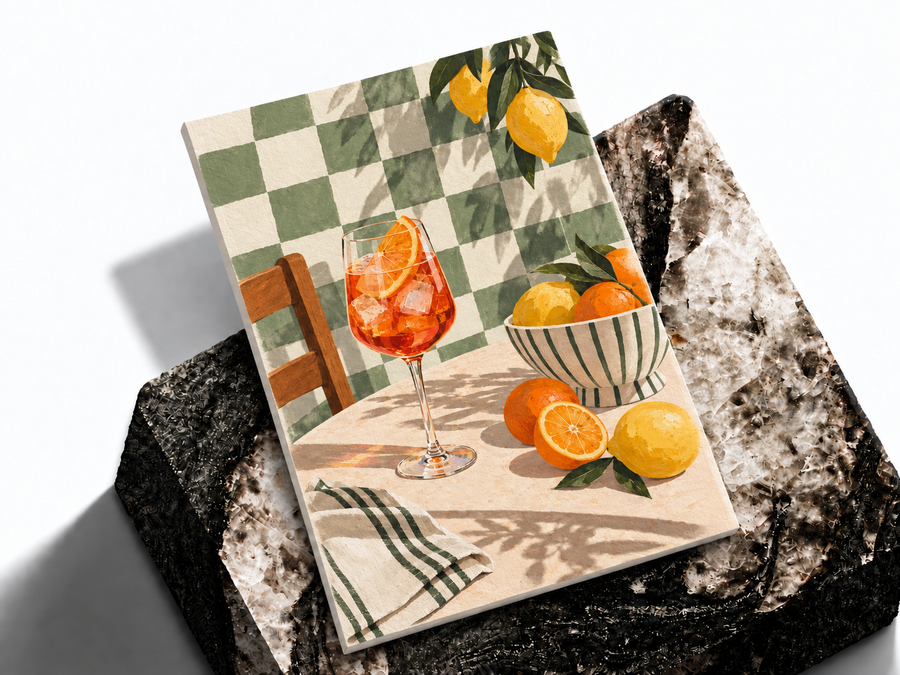 Orange aperitivo kitchen poster shown as a premium art print mockup