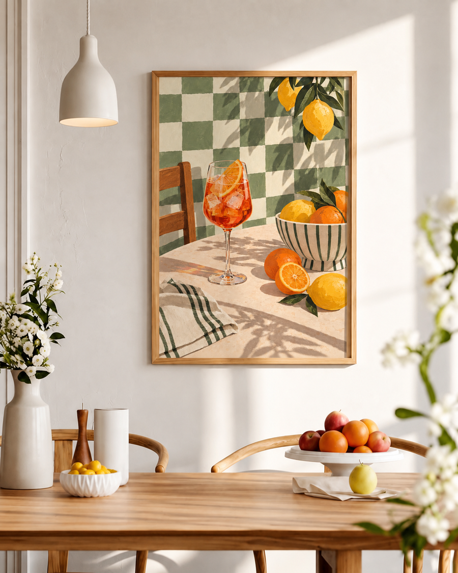 Orange aperitivo still life wall art displayed in a bright Mediterranean inspired room
