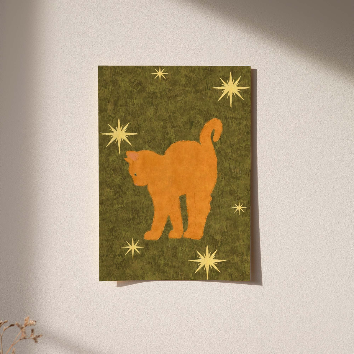 Orange cat and gold star art print on olive green background, framed or mounted
