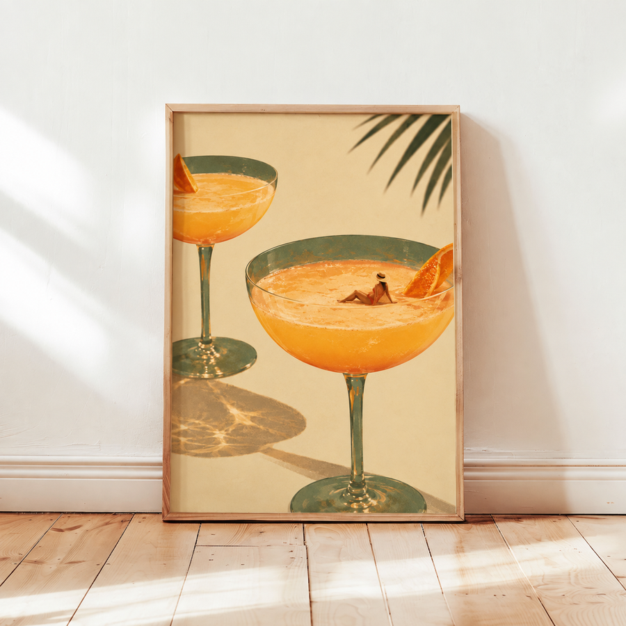 Orange cocktail still life wall art displayed in a warm Mediterranean inspired interior