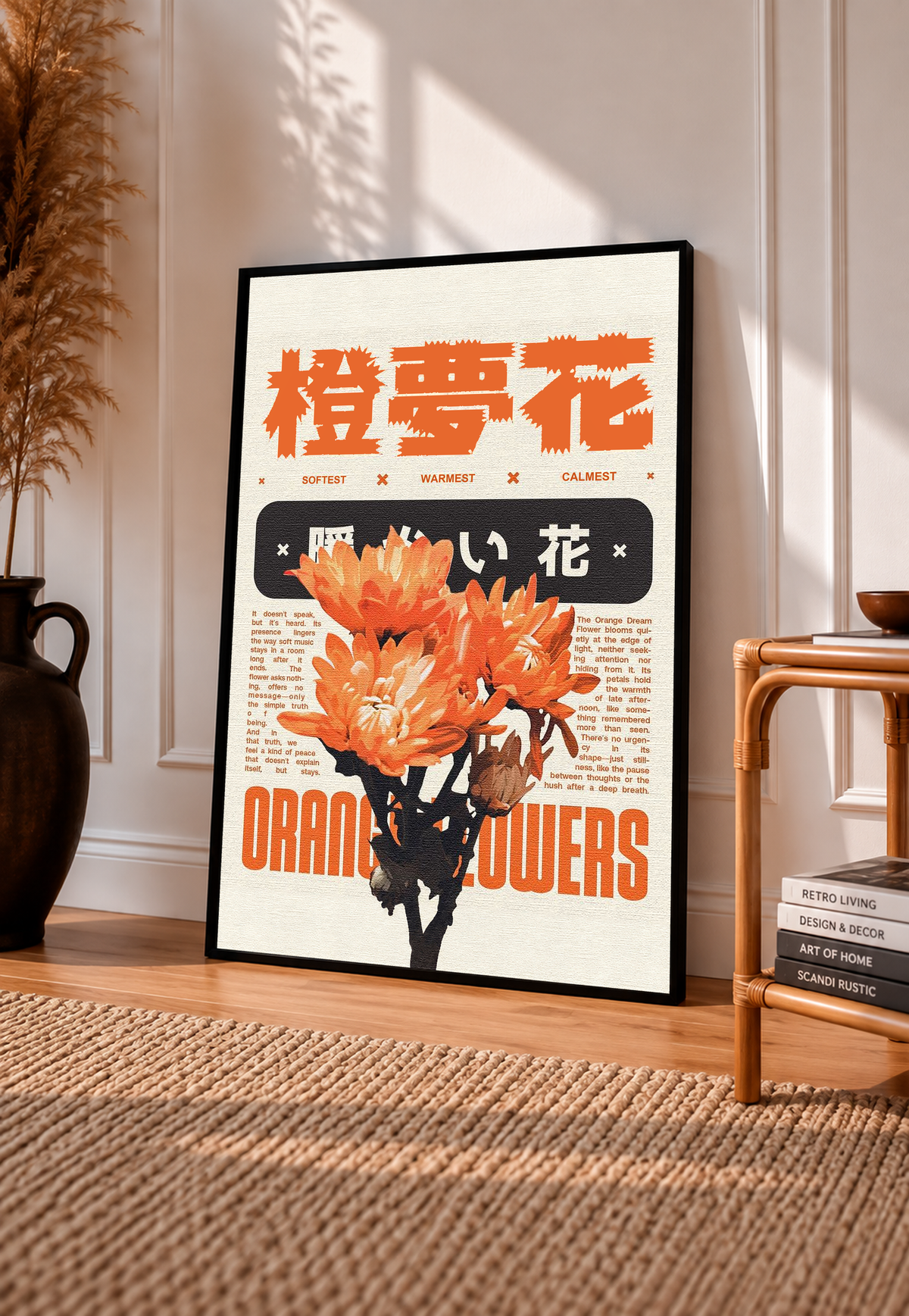 Orange flower Japanese graphic poster on cream paper with black text, black frame