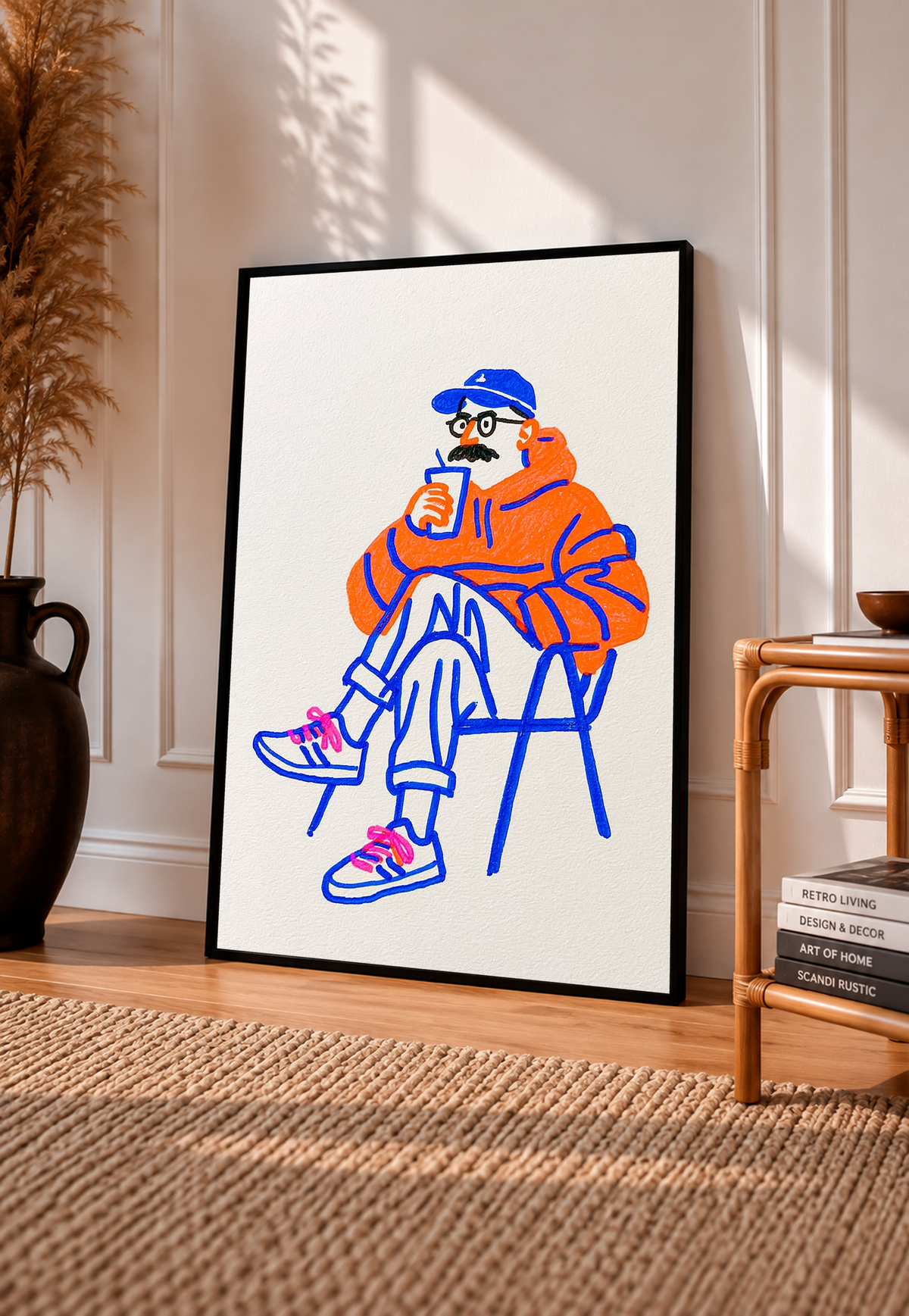 Black-framed coffee art print featuring seated orange figure with blue linework
