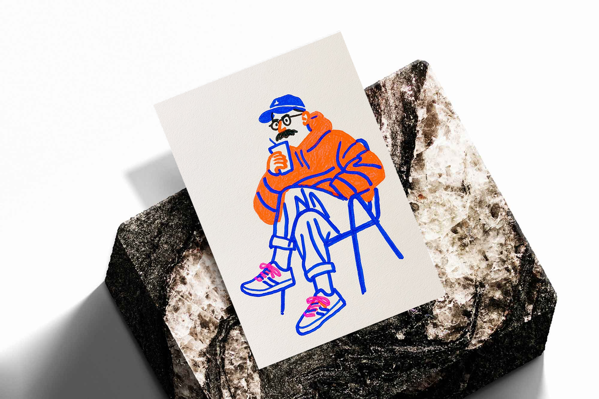 Unframed coffee art print card with seated orange figure and blue linework