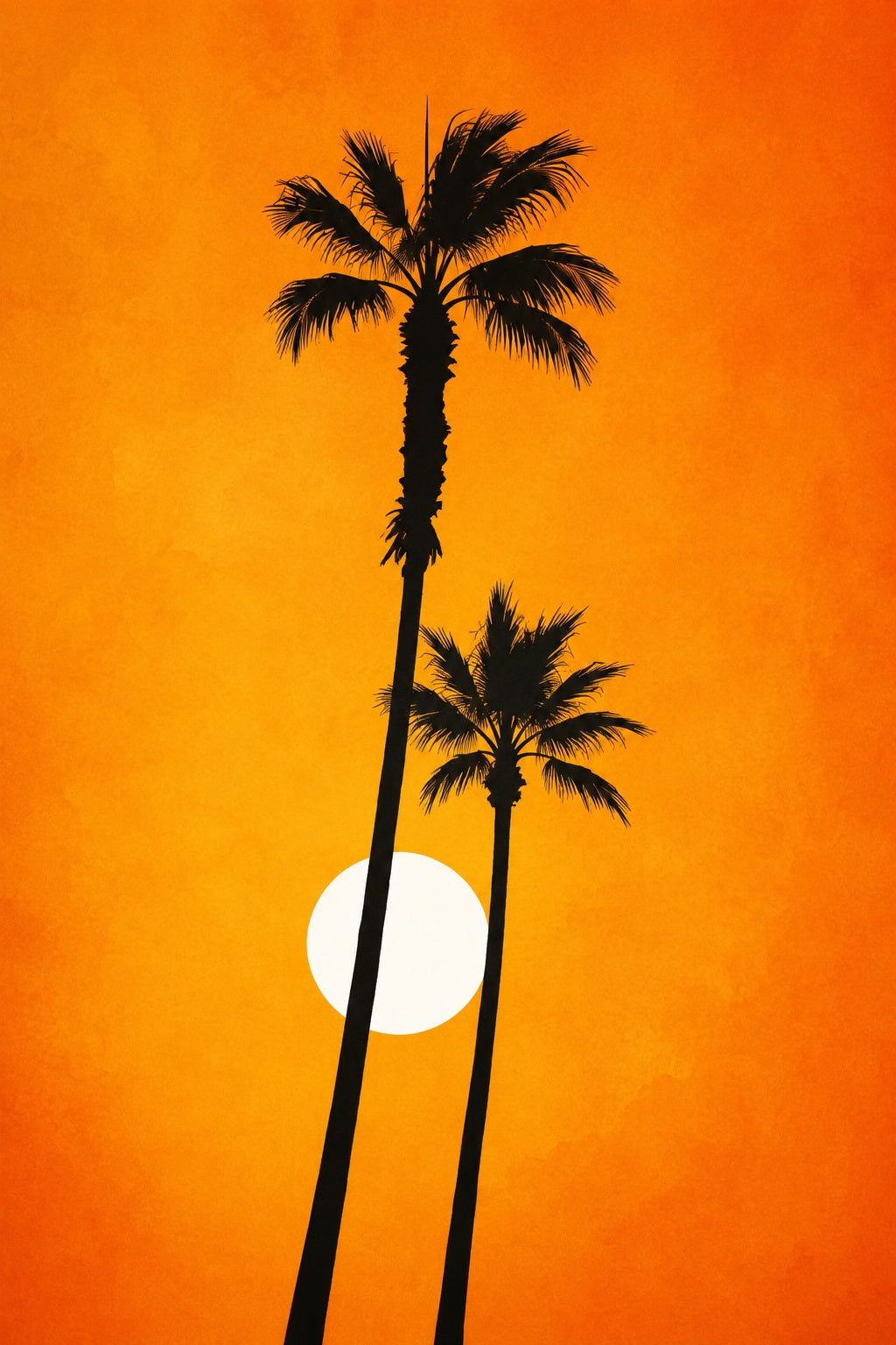 Minimalist palm sunset wall art with two tall trunks and white circle accents