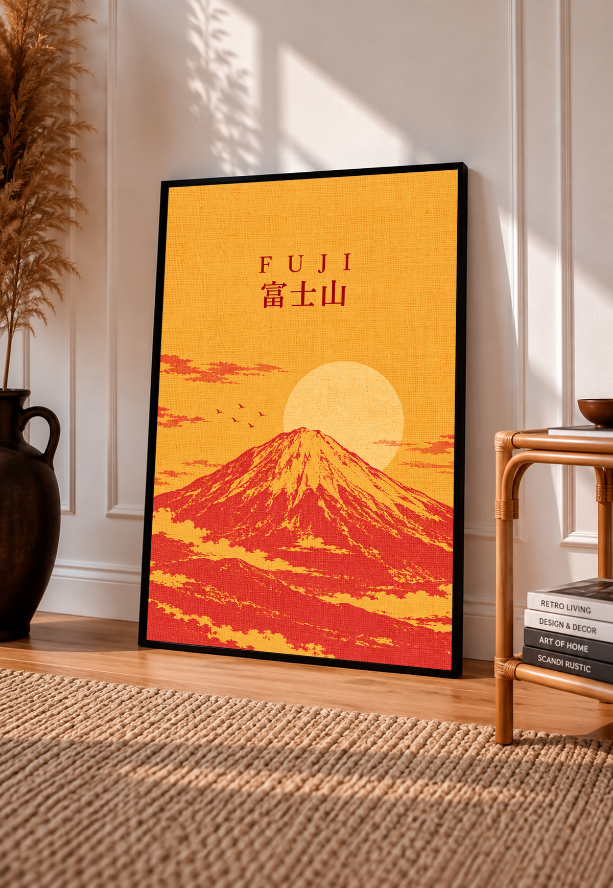 Black-framed Mount Fuji sunrise poster with “FUJI” lettering and warm orange sunset.