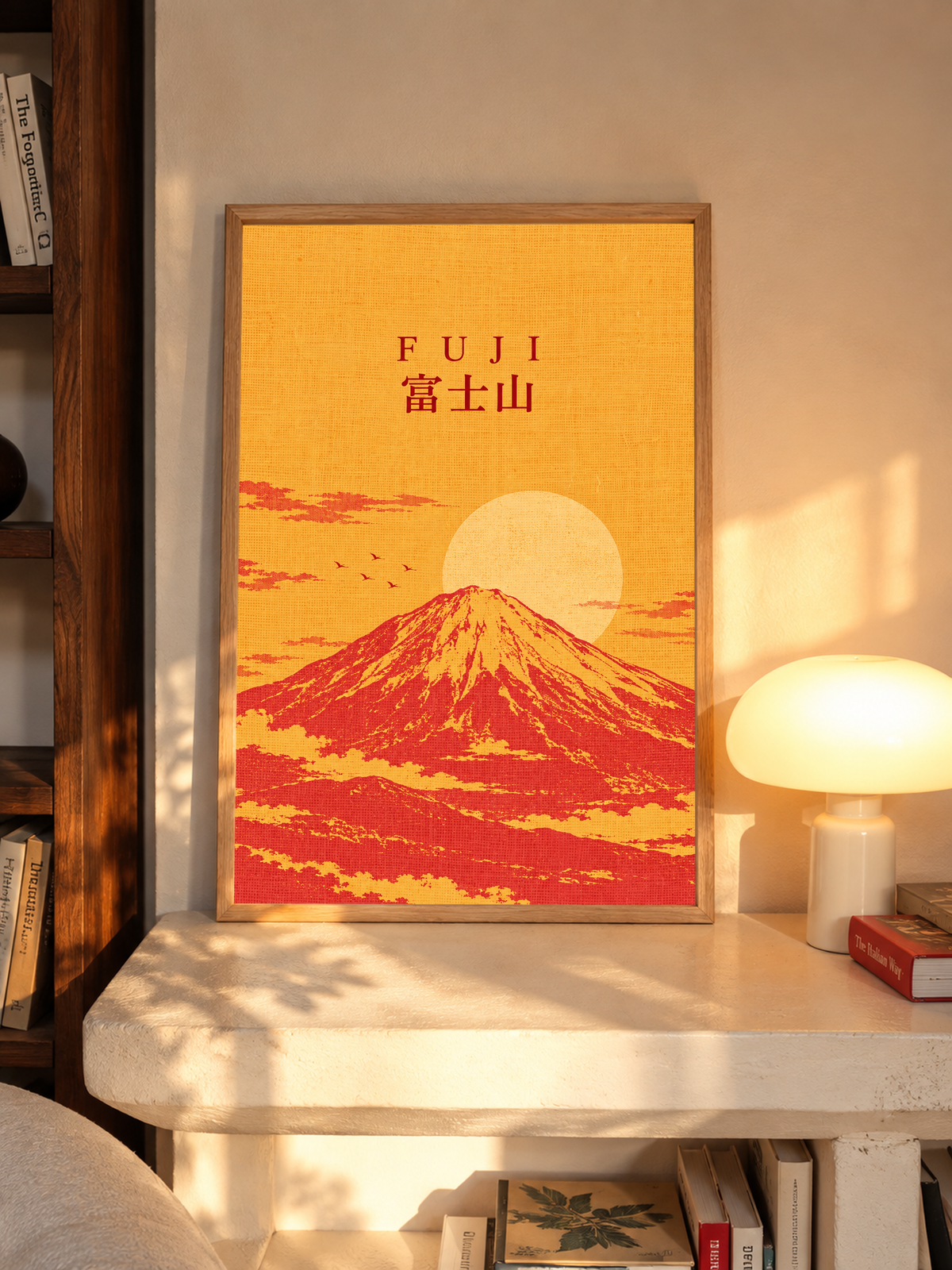 Wood-framed Mount Fuji sunrise print with “FUJI” text, red peak, and pale sun.