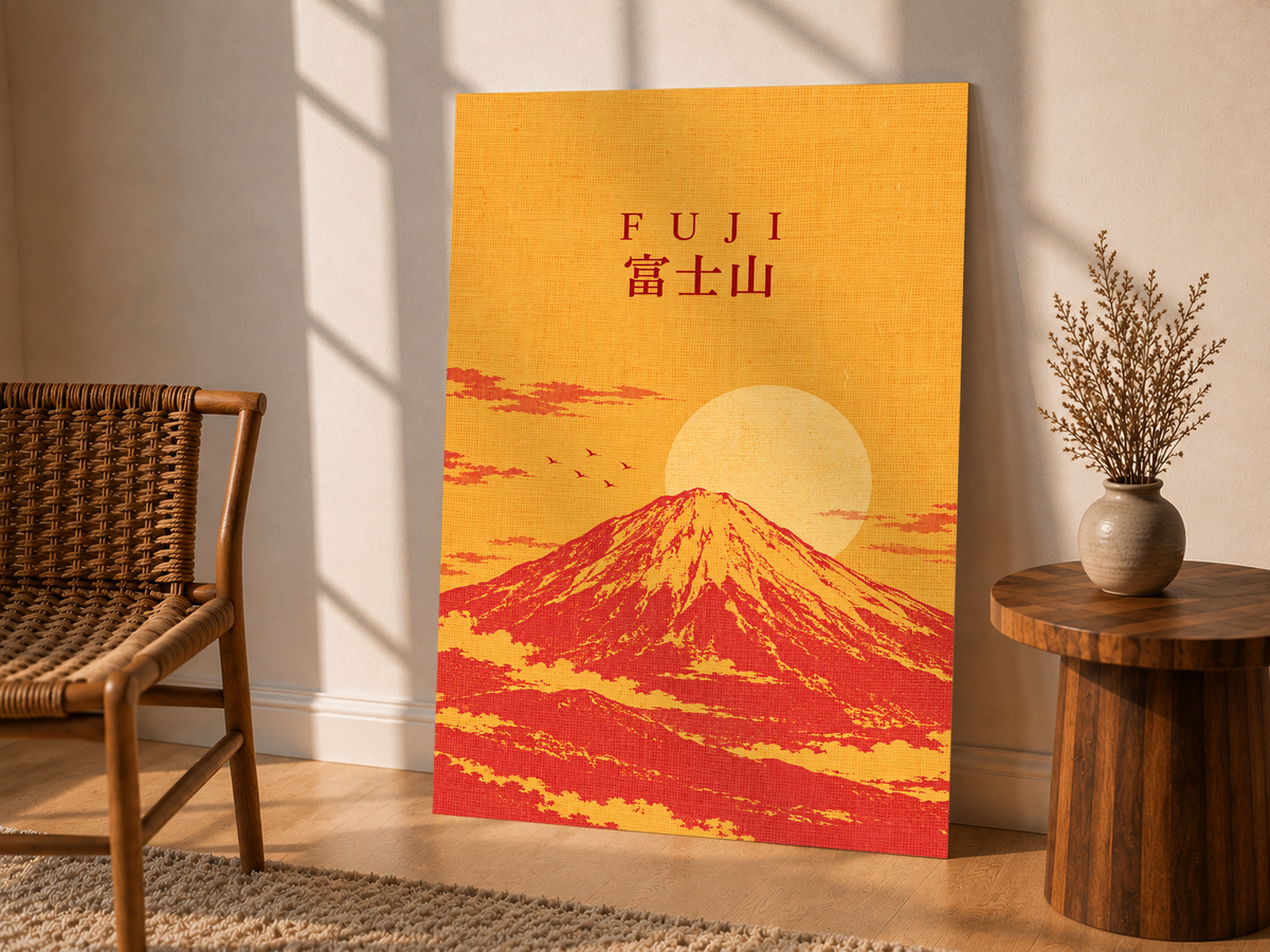 Vertical Mount Fuji sunrise poster in orange and red with vintage landscape texture