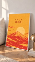 Orange and red Mount Fuji sunrise poster with circular sun and “FUJI” text.