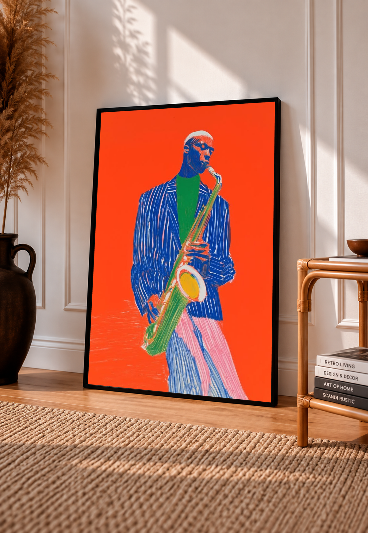 Black-framed saxophonist art print with blue suit and sax on bright orange.