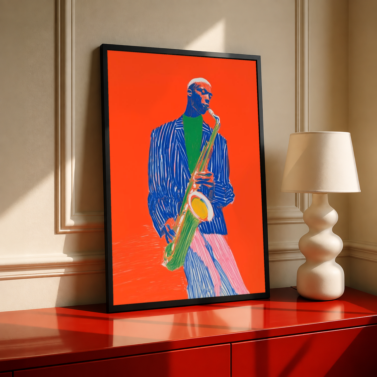Saxophonist art print with blue suit, sax held, bright orange background.