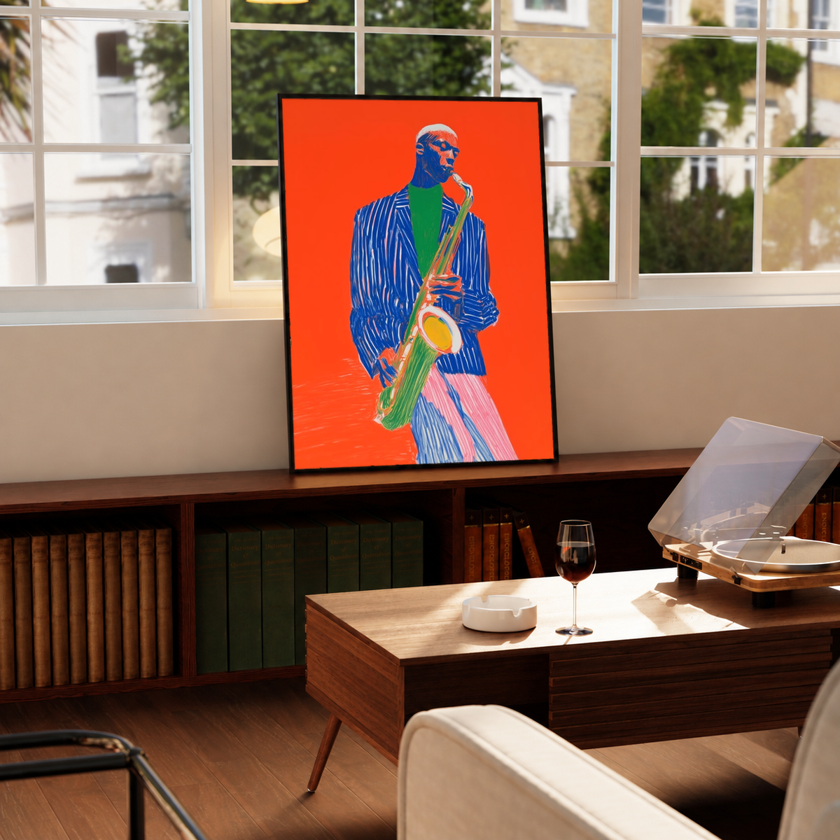 Framed saxophonist art print with blue suit and sax on vivid orange.