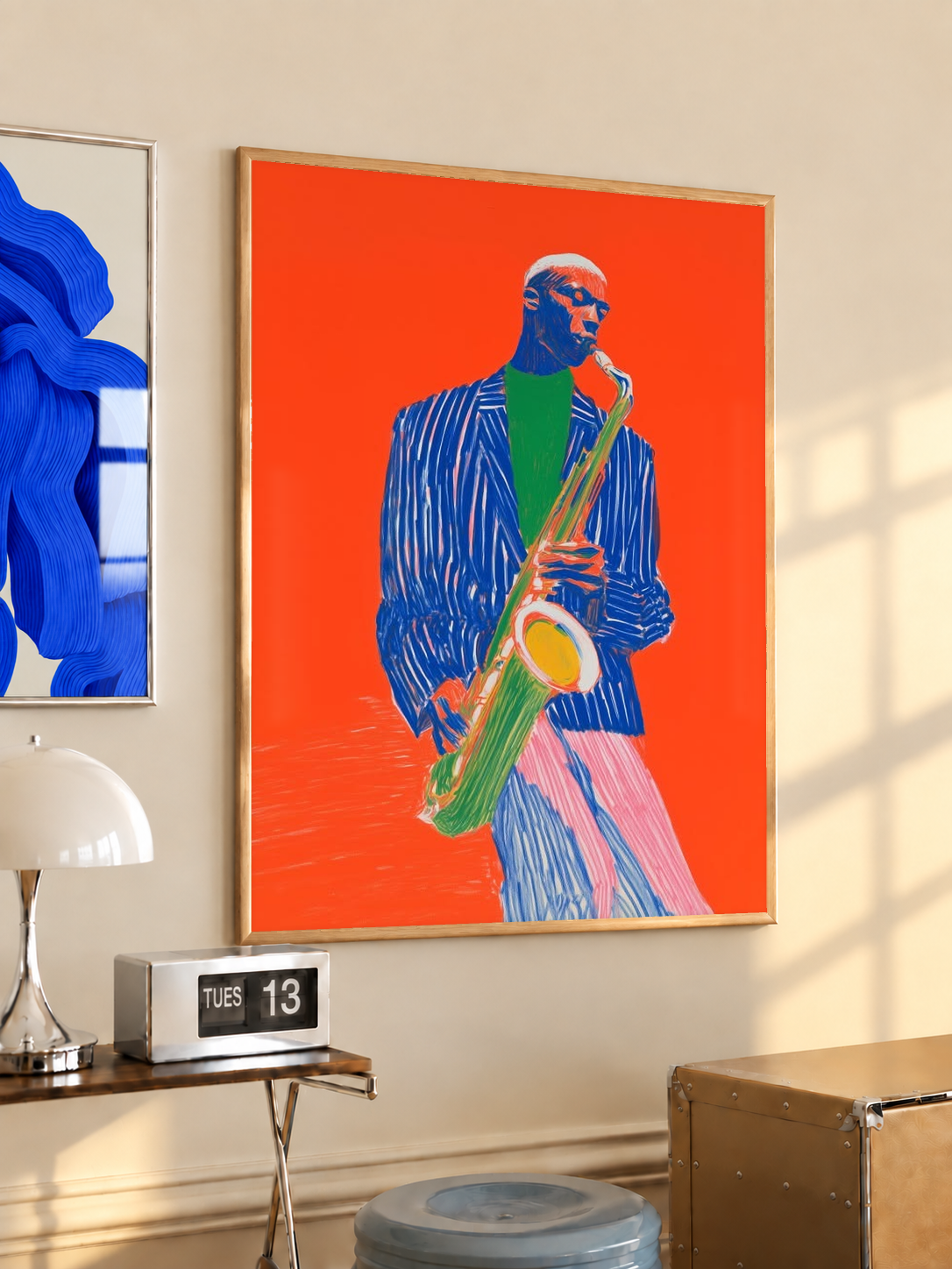Framed saxophonist art print with blue striped suit and sax on orange.