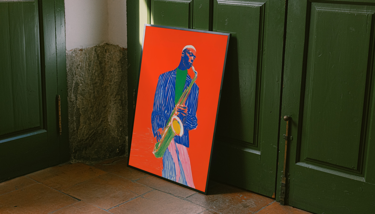 Framed saxophonist art print featuring blue suit and colorful sax against orange.