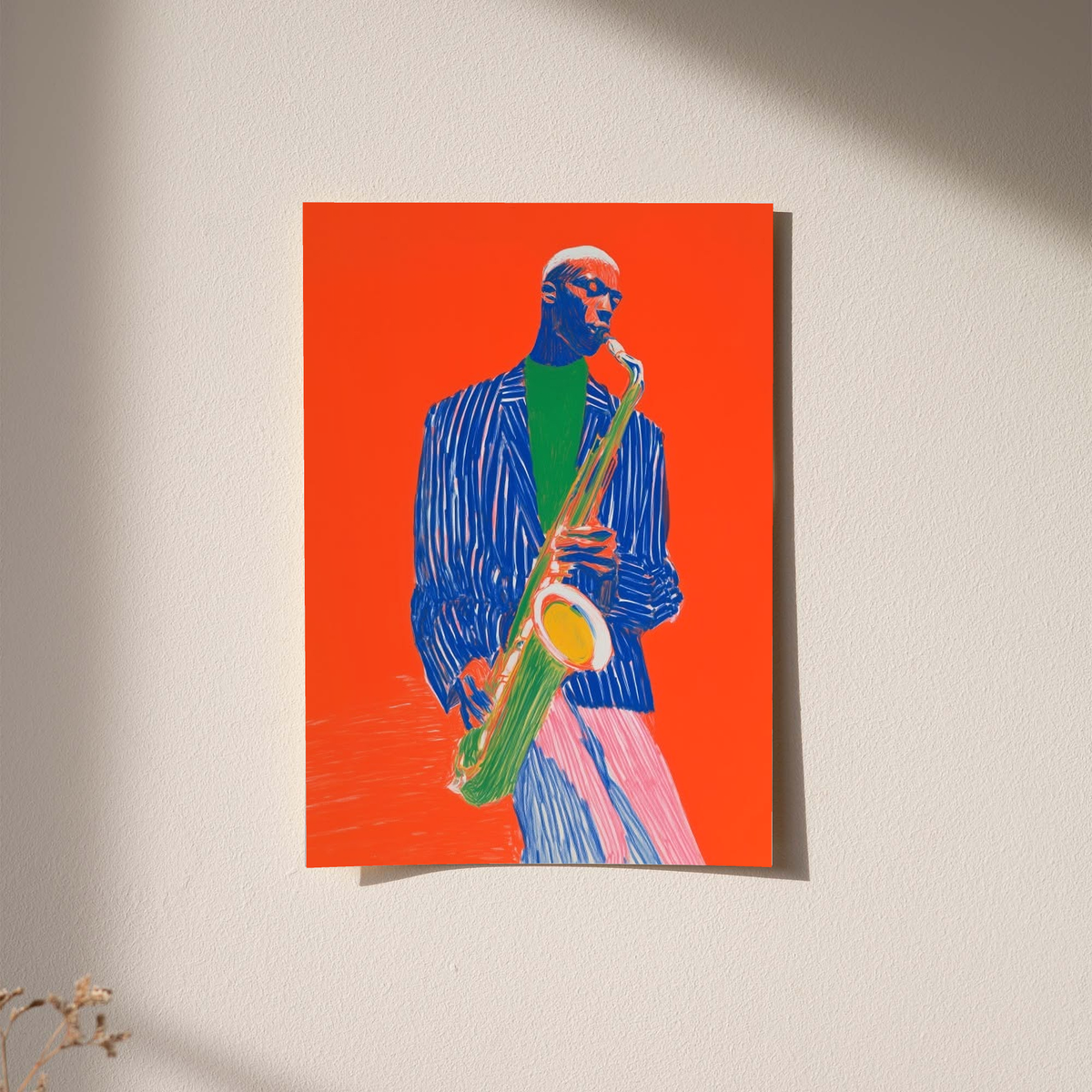 Framed saxophonist art print: blue suit, sax in hand, orange background.