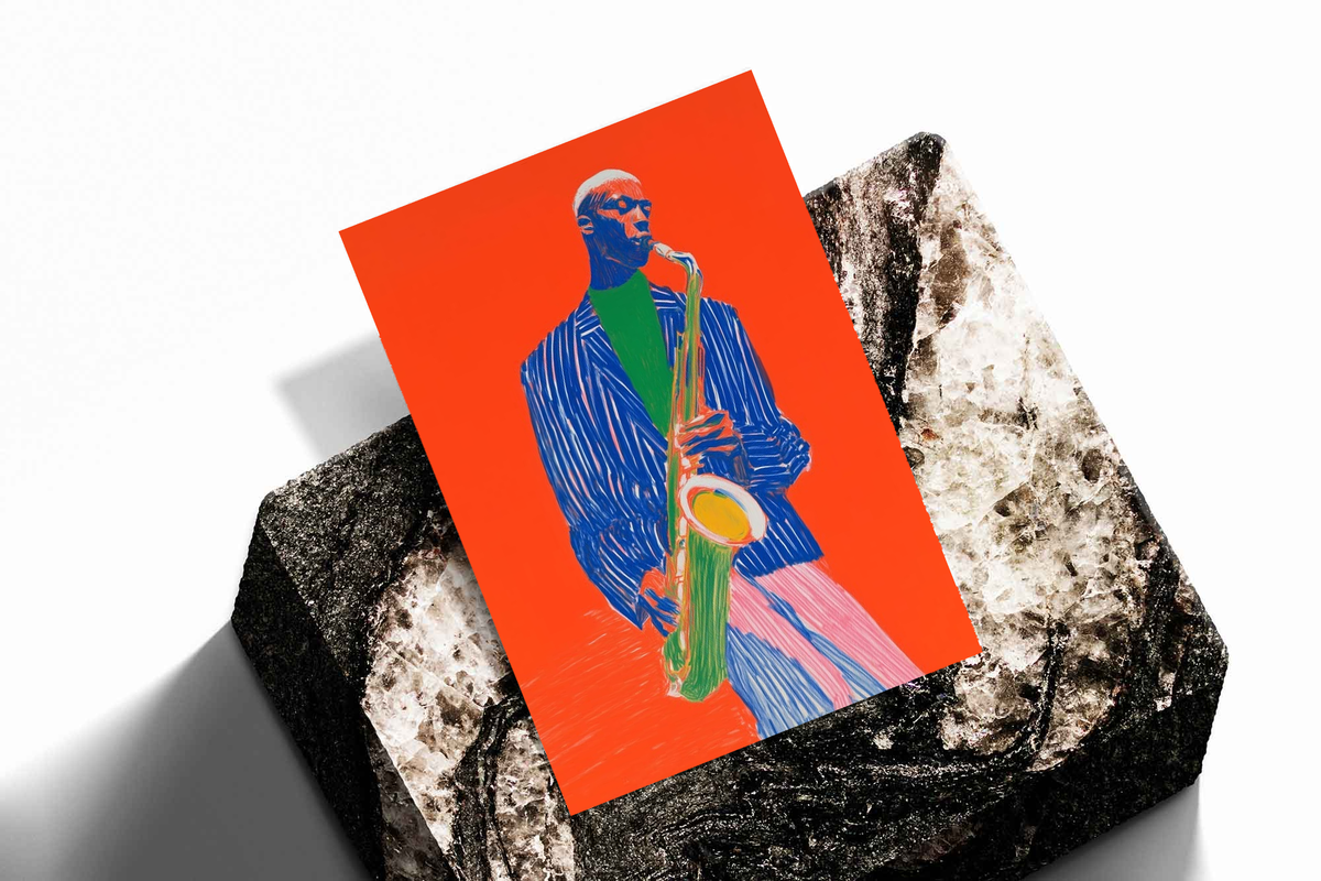 Saxophonist art print: blue suit and colorful sax on vivid orange background.