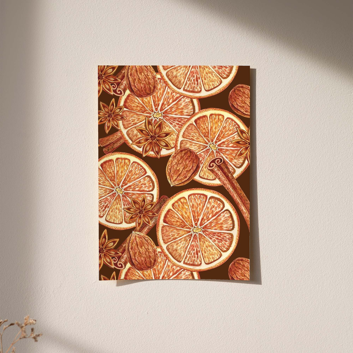 Orange slice and spice art print, shown in a black frame