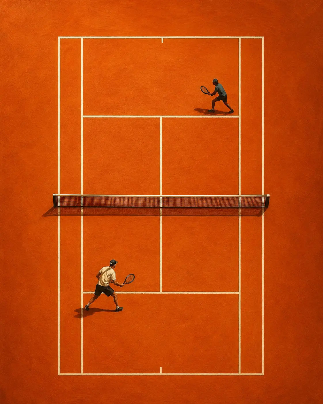 Orange abstract tennis court art print with white lines and two tennis players