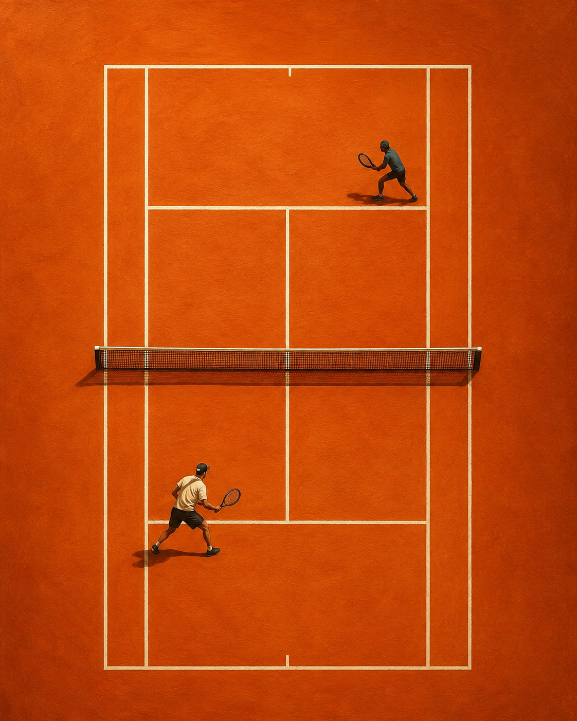 Abstract orange tennis court artwork with two tiny players and white court lines