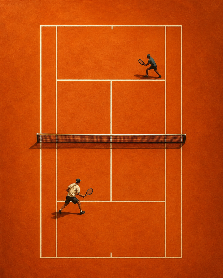 Abstract orange tennis court artwork with two tiny players and white court lines