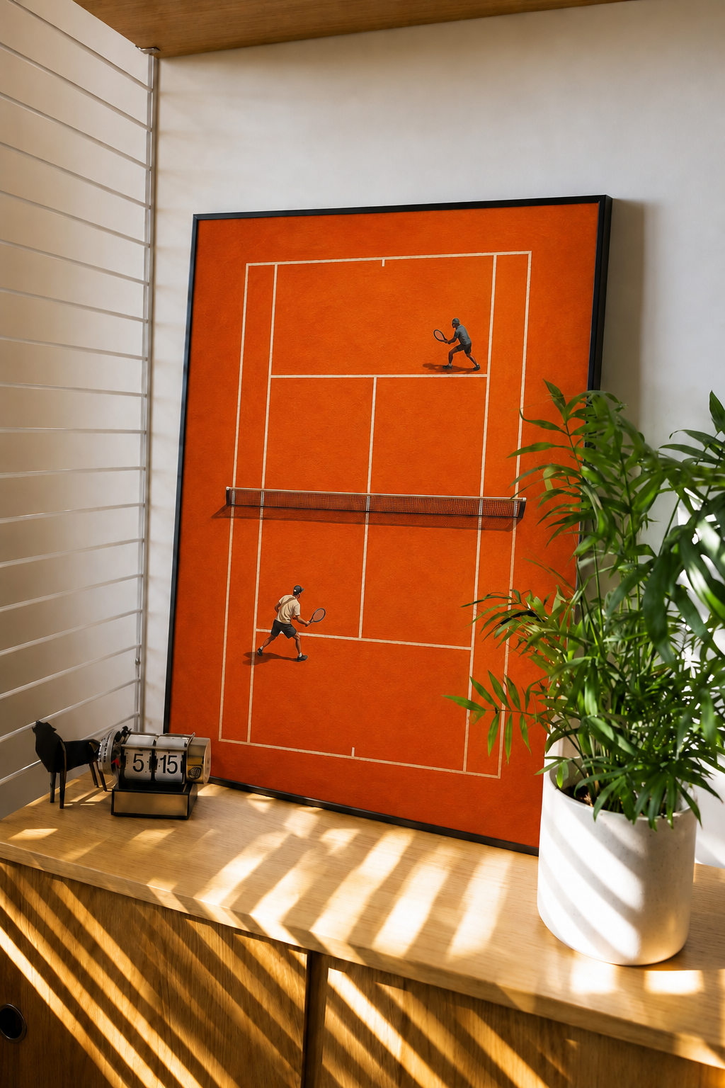 Orange tennis court abstract art print in a contemporary interior
