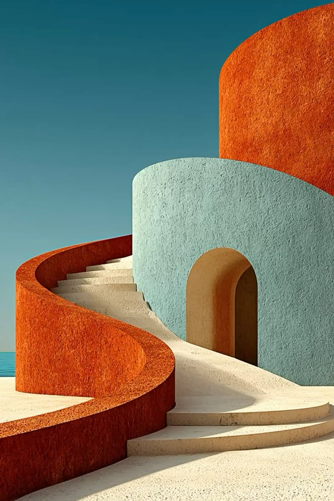 Orange and turquoise abstract curved architecture wall art poster, close-up view