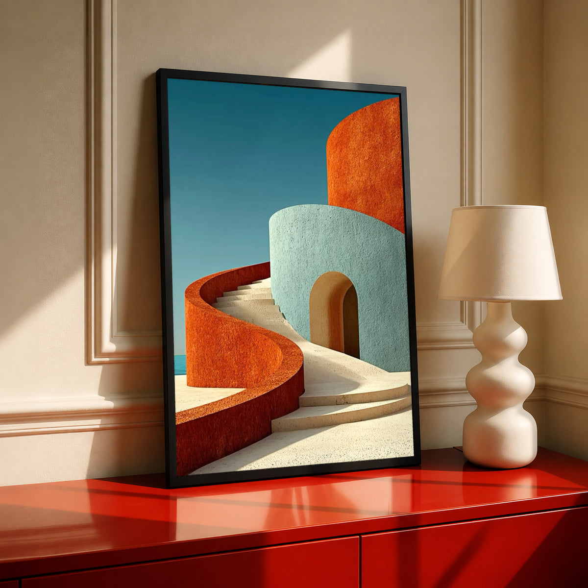 Curved architecture wall art poster with black frame, orange and turquoise curved forms