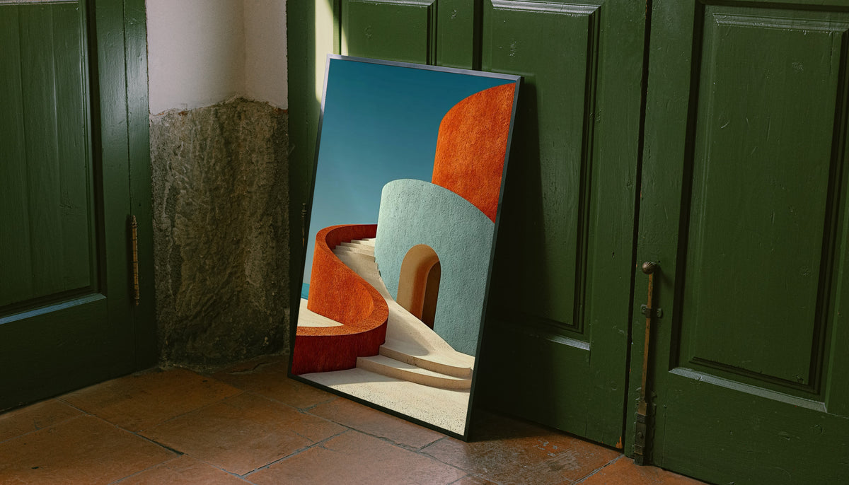 Curved architecture wall art poster in dark frame, orange and mint-blue curved architecture shapes