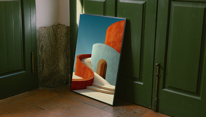 Curved architecture wall art poster in dark frame, orange and mint-blue curved architecture shapes