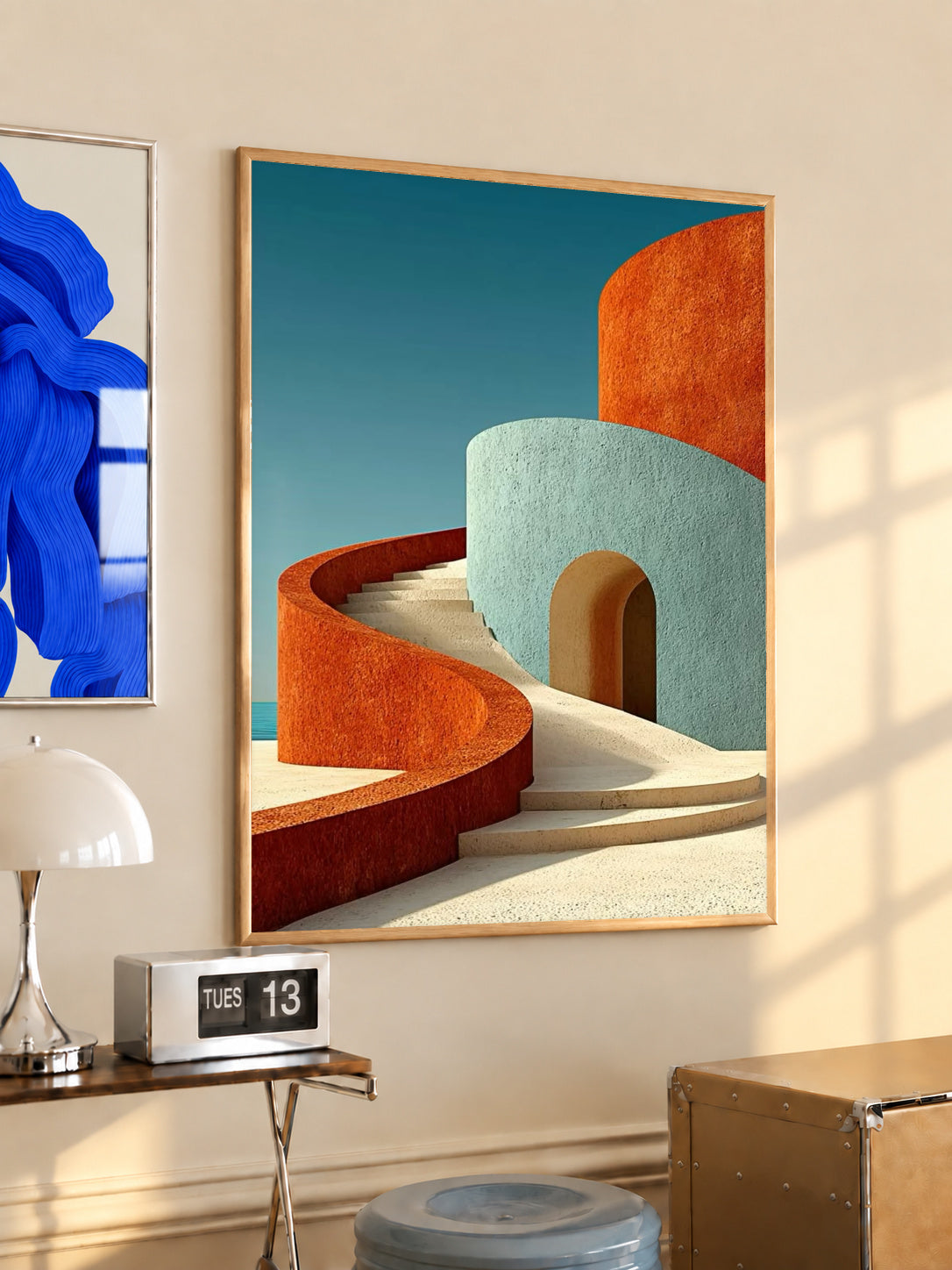 Curved architecture wall art poster, orange and turquoise abstract curved shapes, wood frame