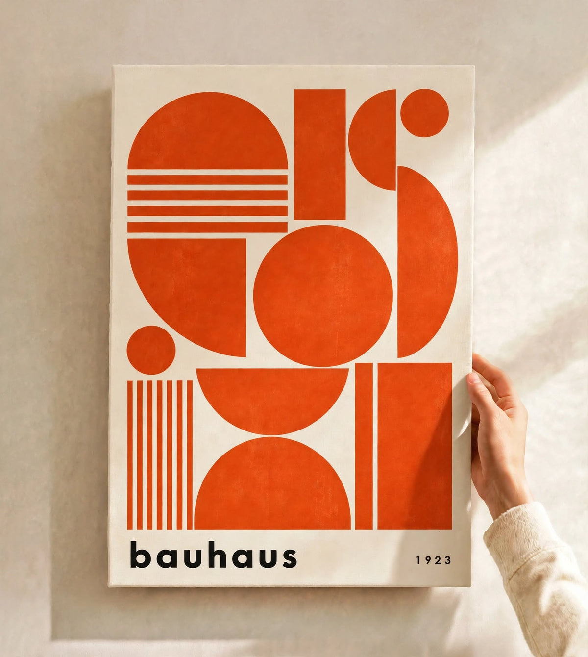 Orange Bauhaus Art Print combining circles, arches and linear details in a balanced graphic composition
