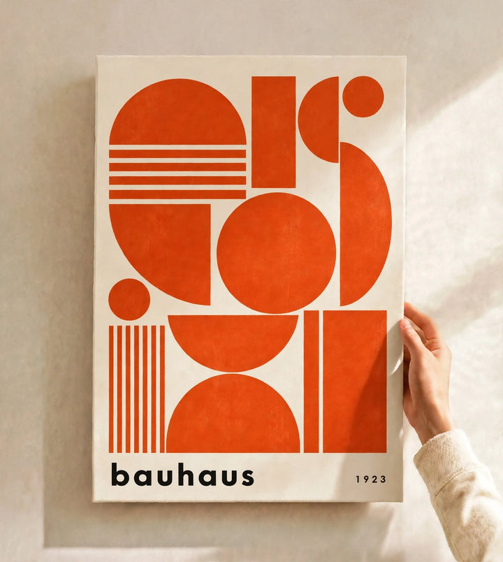 Orange Bauhaus Art Print combining circles, arches and linear details in a balanced graphic composition
