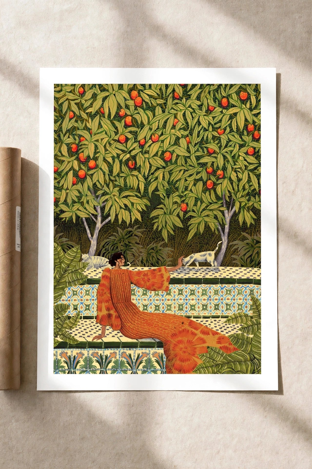 Garden art print with dense orange-tree leaves, small animals, and patterned table scene