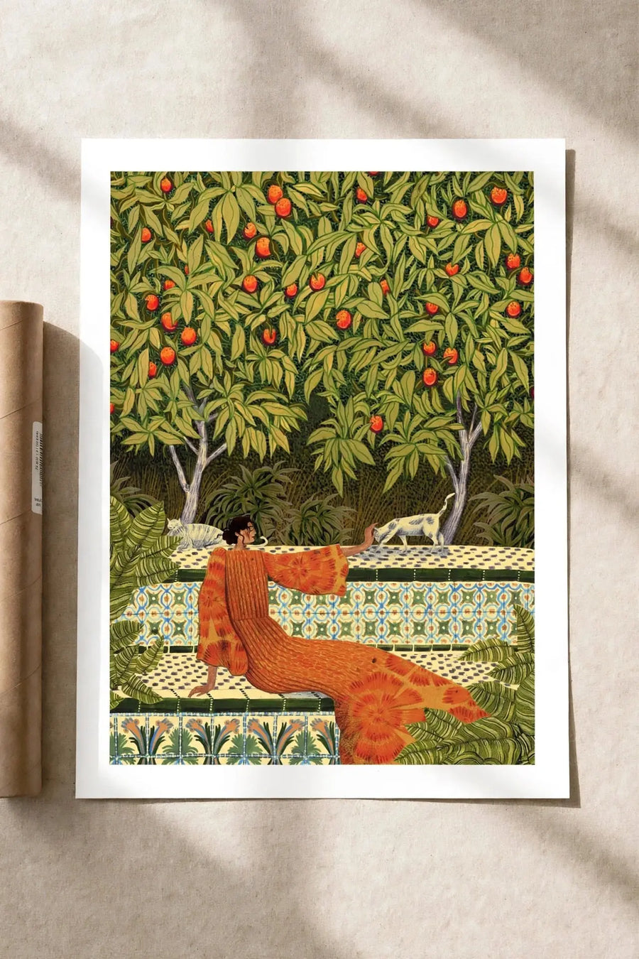 Garden art print with dense orange-tree leaves, small animals, and patterned table scene