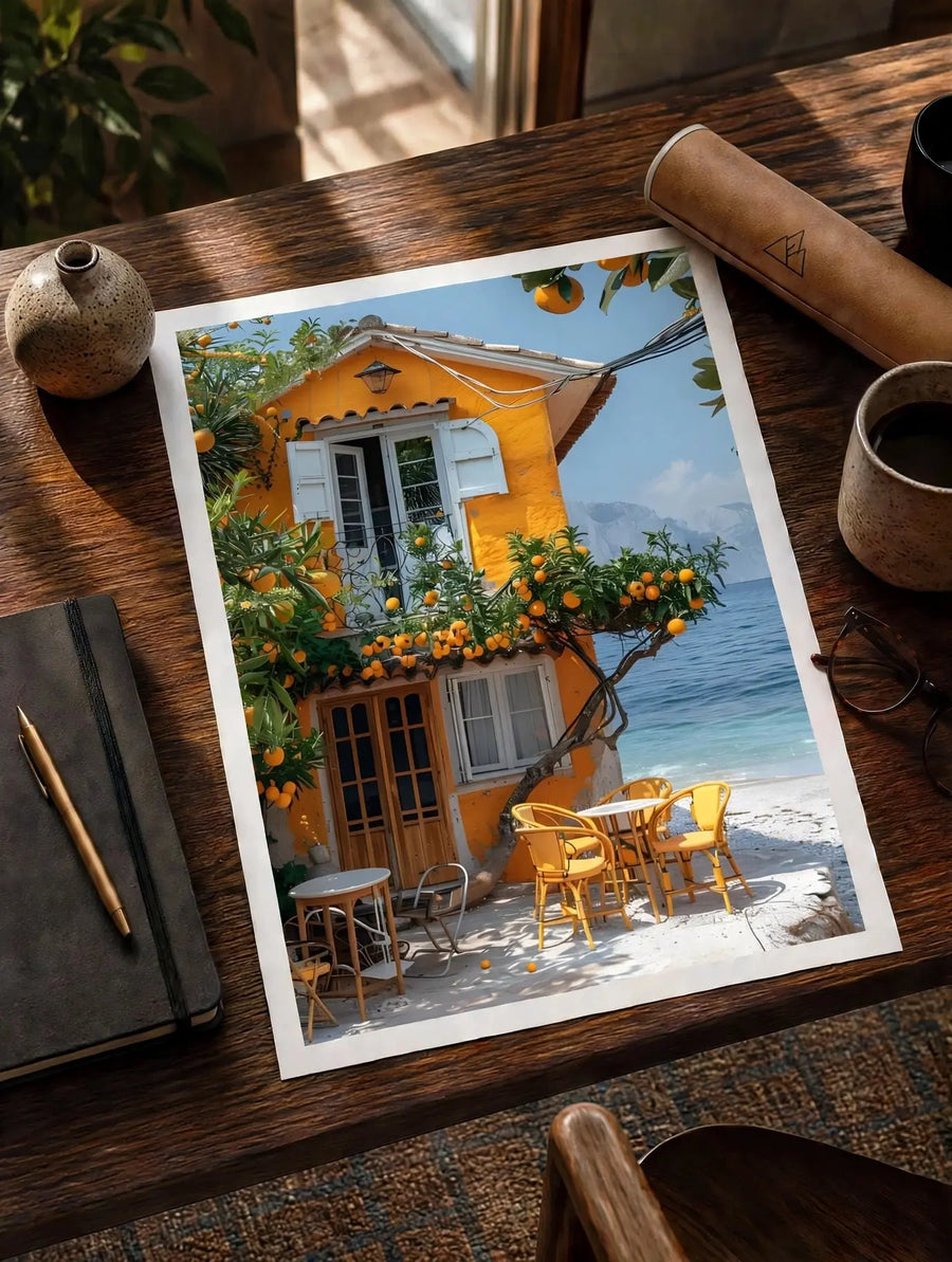 House print wall art on a tilted page, showing an orange facade, windows, orange trees, and patio chairs.
