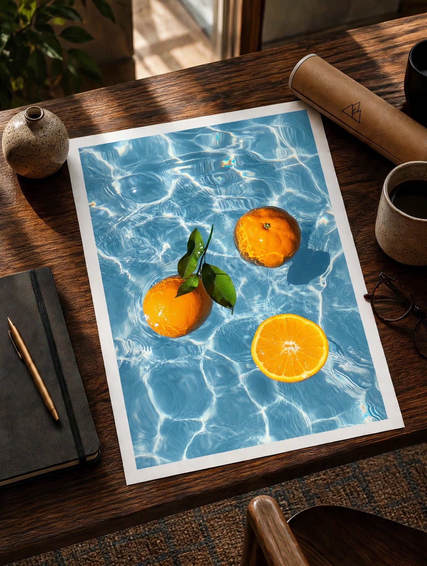 Floating Oranges Print featuring vibrant oranges, shimmering blue water, and natural light creating textured reflections.