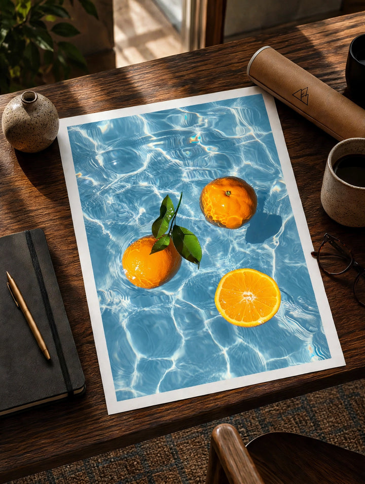 Floating Oranges Print featuring vibrant oranges, shimmering blue water, and natural light creating textured reflections.