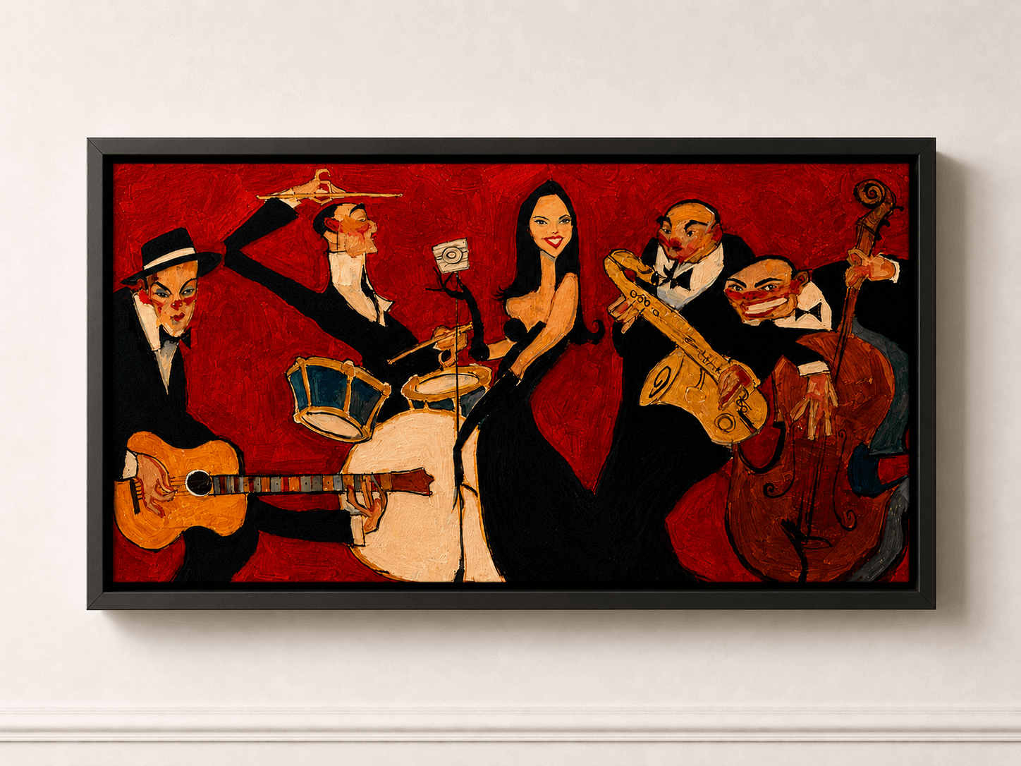 Framed jazz band wall art print with red and black musicians playing instruments