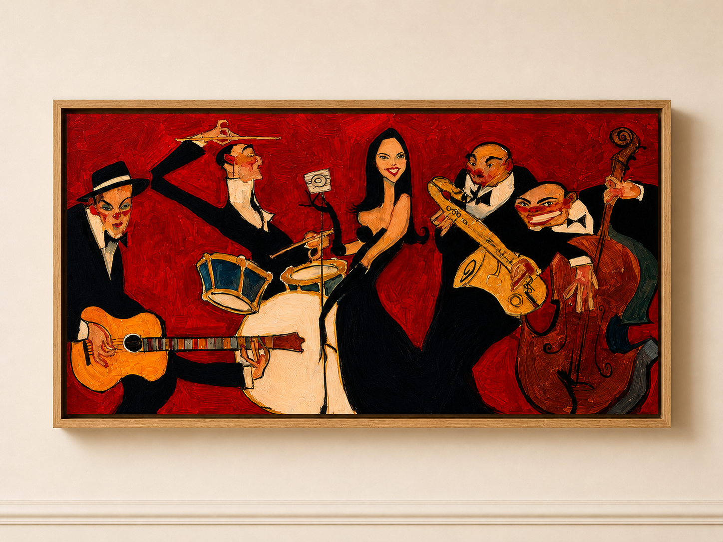 Vintage music wall art print with crimson tones, live musicians and timeless artistic character for modern interiors.