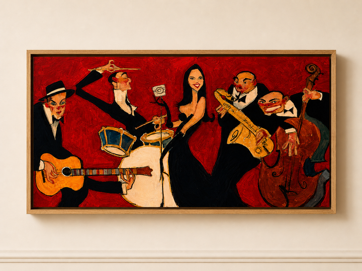 Vintage music wall art print with crimson tones, live musicians and timeless artistic character for modern interiors.
