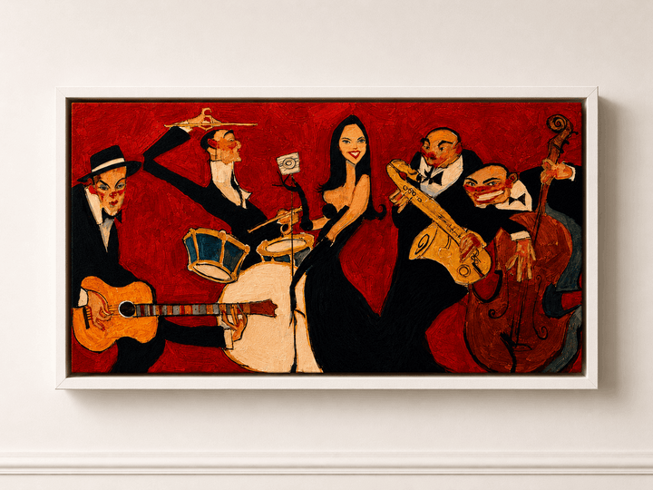 White-framed jazz band art print showing musicians in red, black, and gold