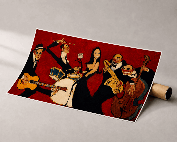 Rolled jazz band poster print with red musicians playing instruments