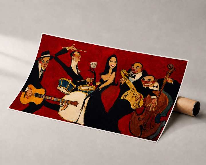 Premium Rolled  canvas music artwork with expressive musicians and dramatic red color palette for modern home décor.