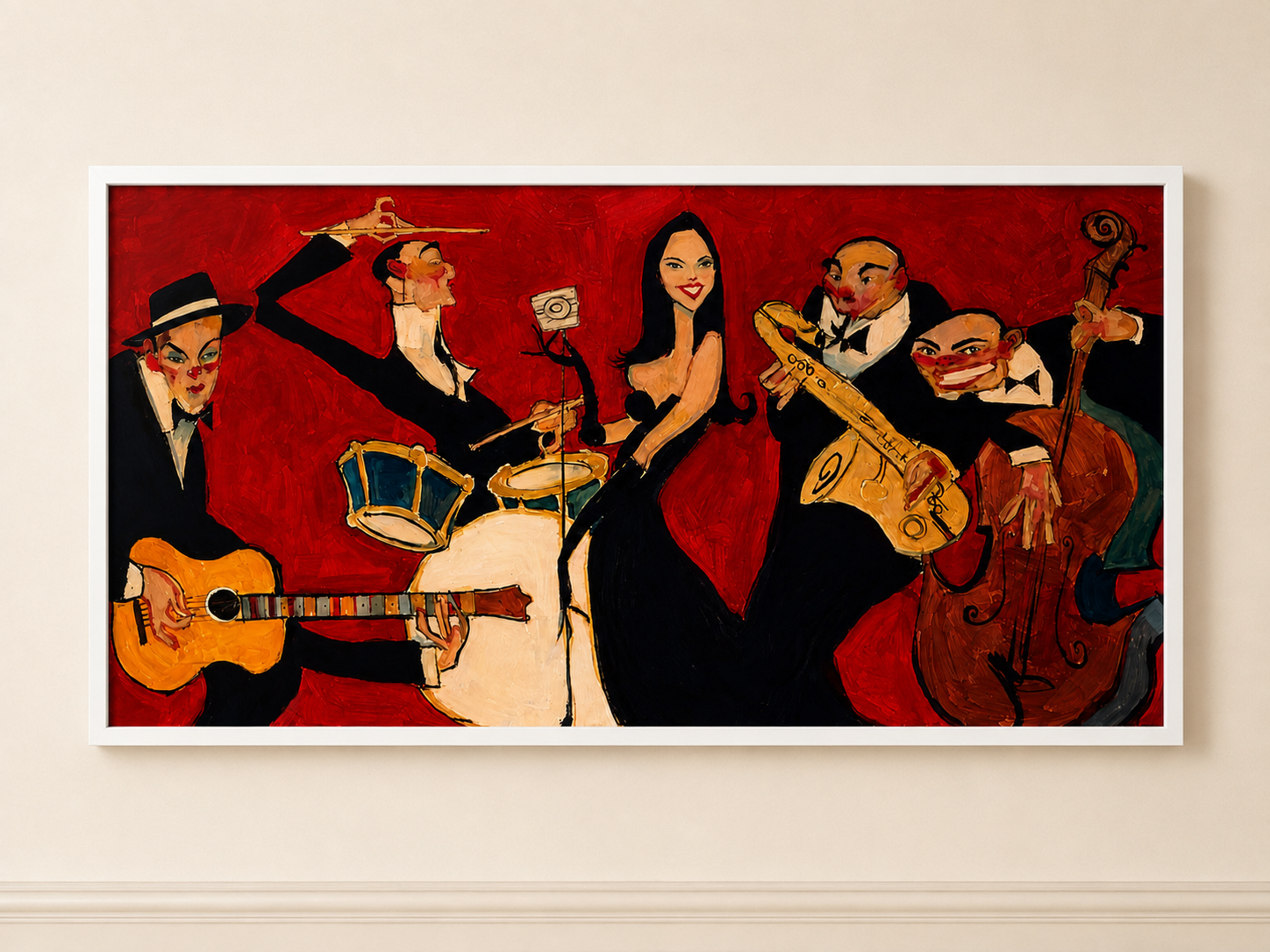 Framed music wall art featuring a bold orchestra composition with warm crimson tones and vintage style.