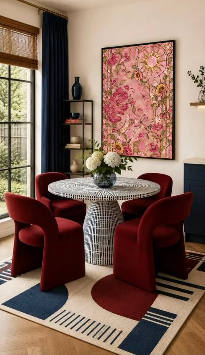 Framed vertical pink botanical wall art with flowers, leaves, and circular medallion