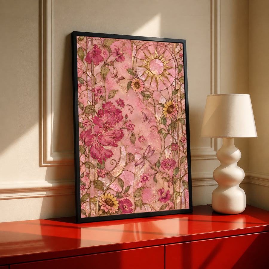 Framed vintage floral wall art with pink flowers, leaves, and a circular medallion