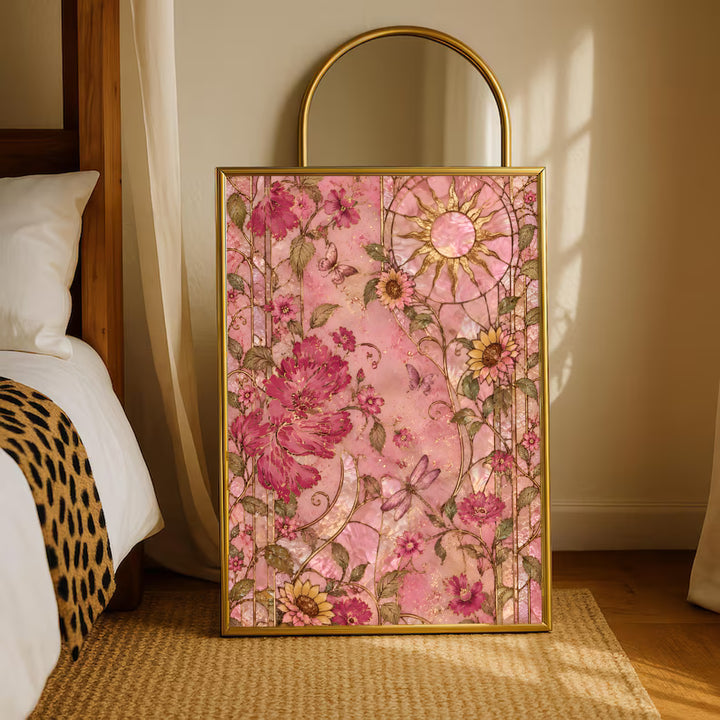 Gold-framed pink floral wall art with leaves and a circular medallion centerpiece